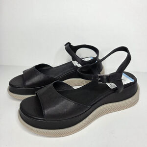 Eileen Fisher Ario Sporty Leather Wedge Black Sandals Women's Size 7.5